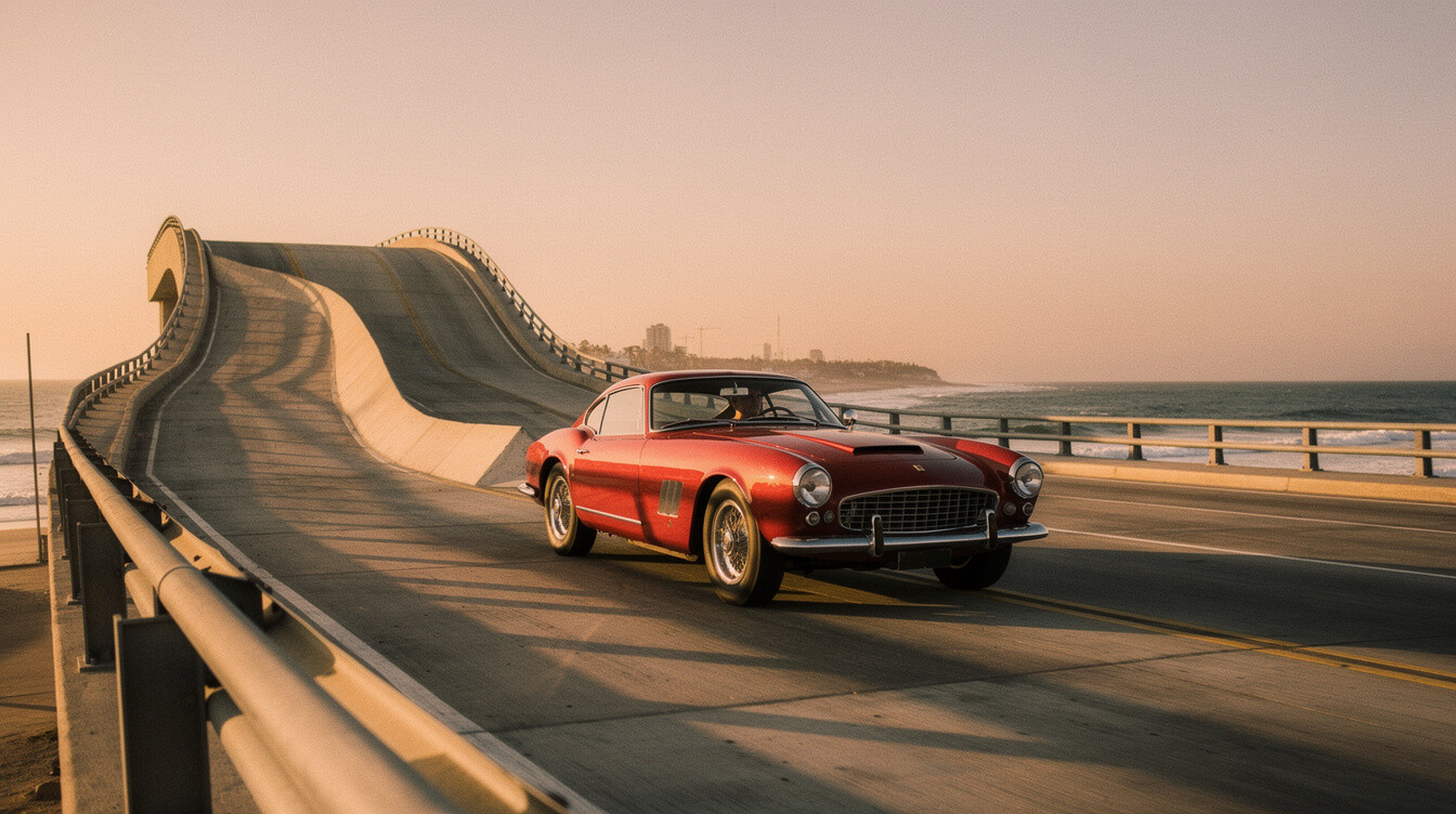 Vintage sports car crossing the Puente de la Barra bridge at sunset in Punta del Este